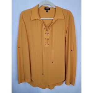 Jones New York Workwear Womens Bright Brilliant Yellow Blouse Roll-Tab Sleeves L